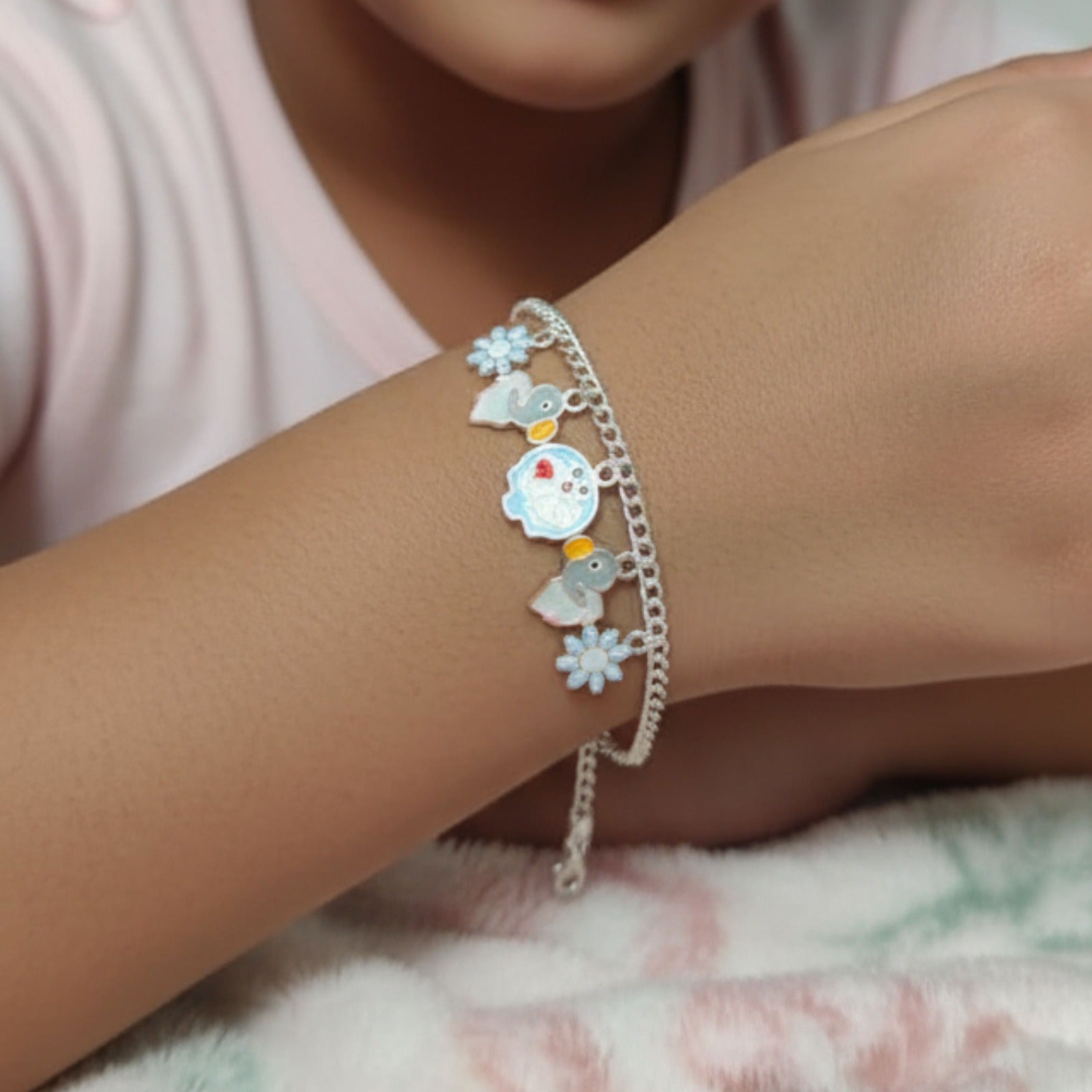 Cute Bunny & Flower Charm Silver Bracelet