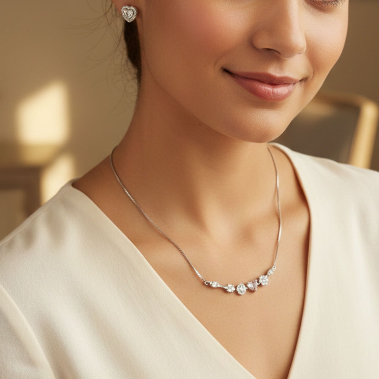 Sparkle Heartline Necklace & Halo Heart Studs Set