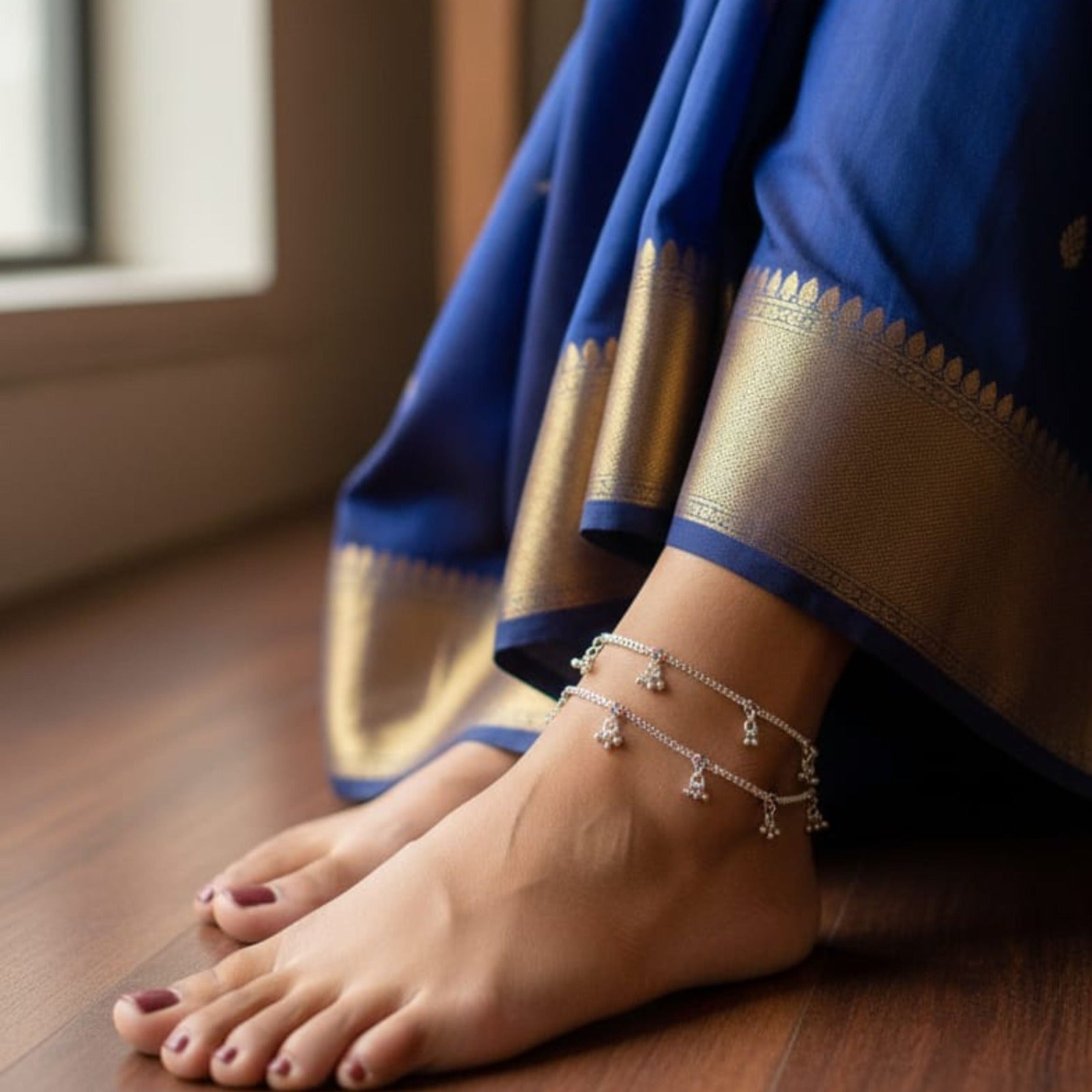 Dual Stone Drop Silver Payal