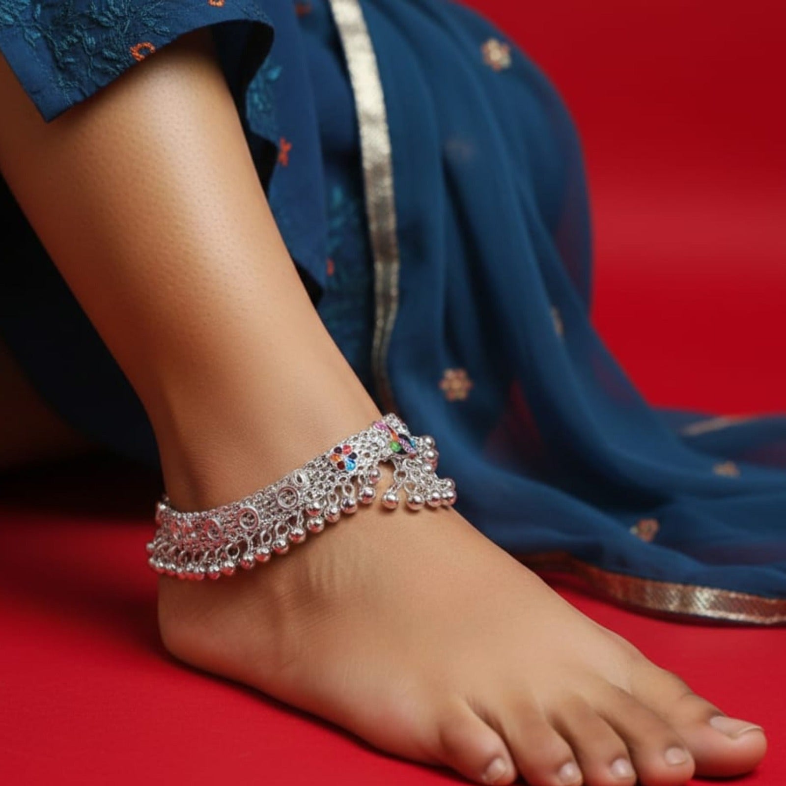 Silver Maharani Multicolor Ghungroo Payal (Pair)