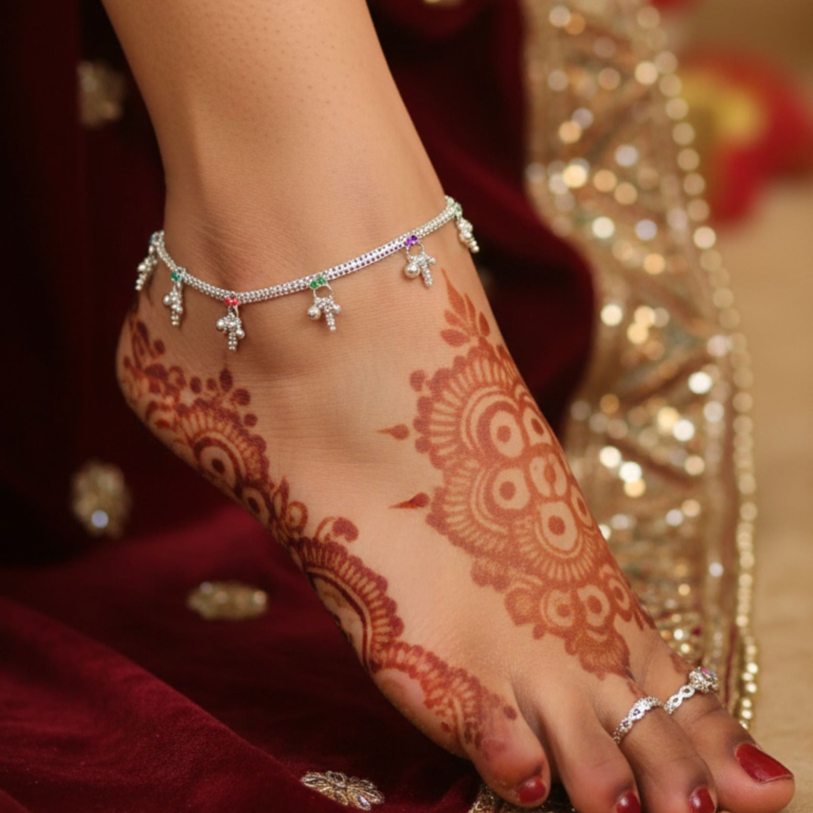 Silver Multicolor Tiny Charm Payal (Pair)