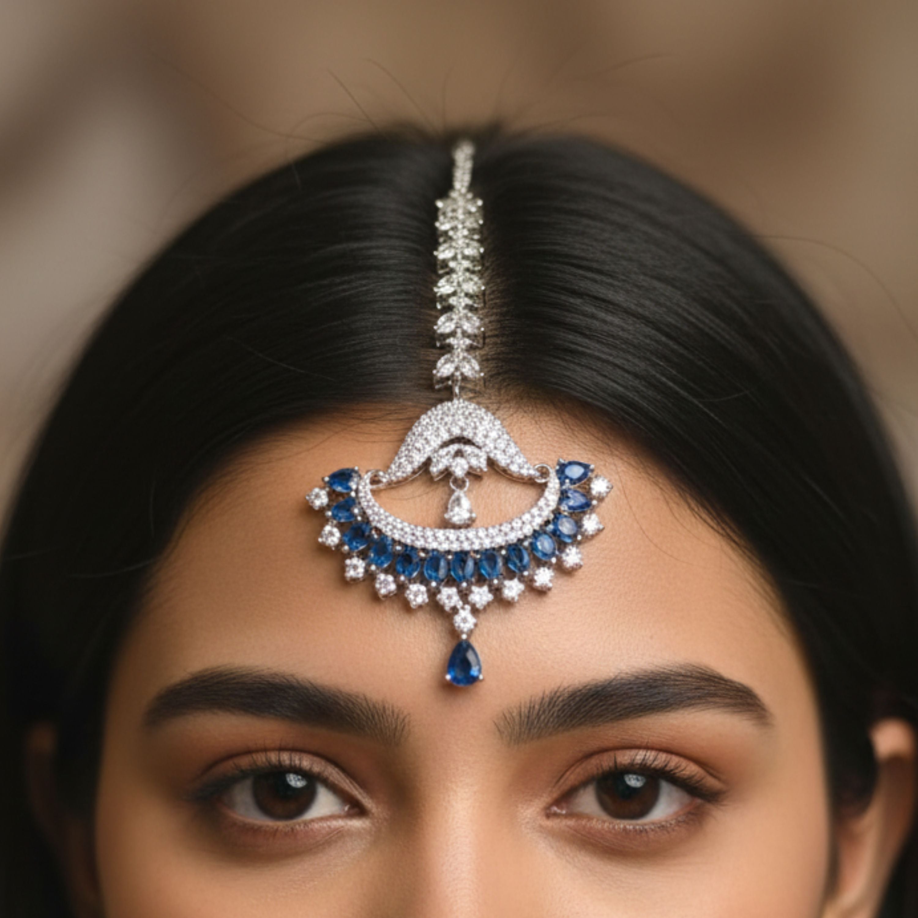 Royal Blue Peacock Fan Maang Tikka