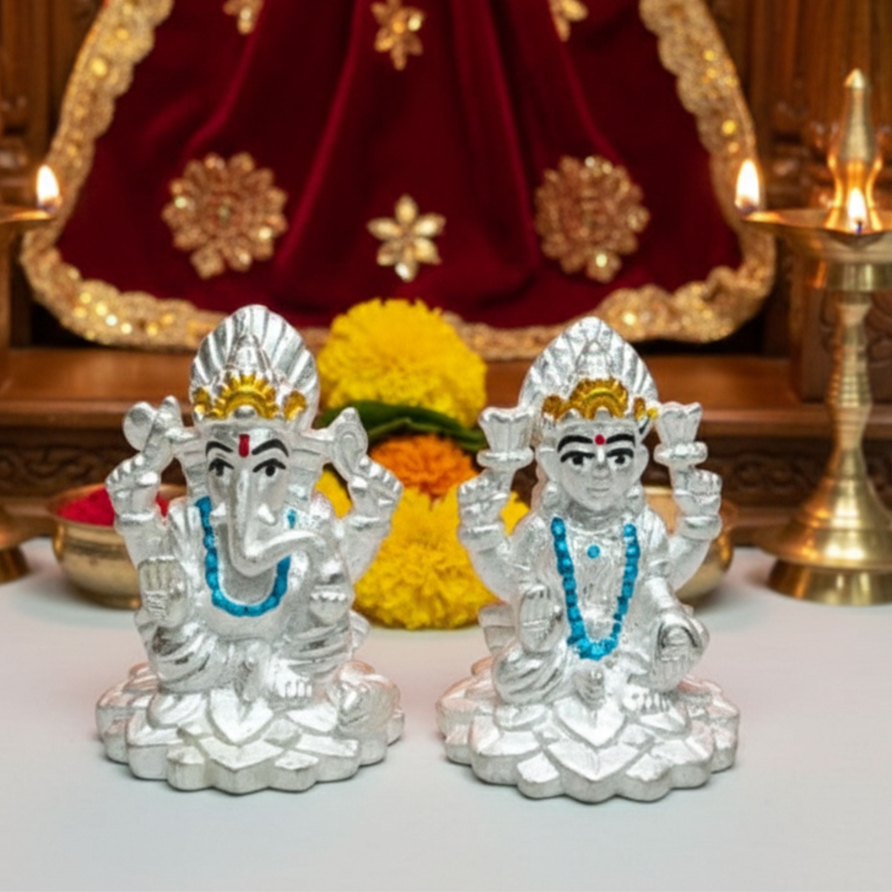 Silver Ganesha–Lakshmi Idol Set