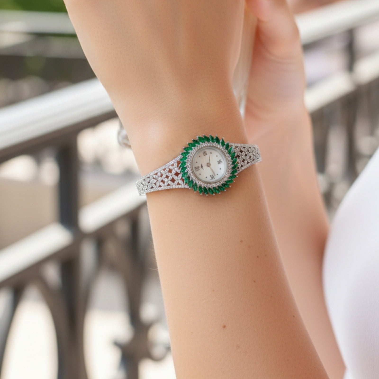 Emerald Halo Silver Watch