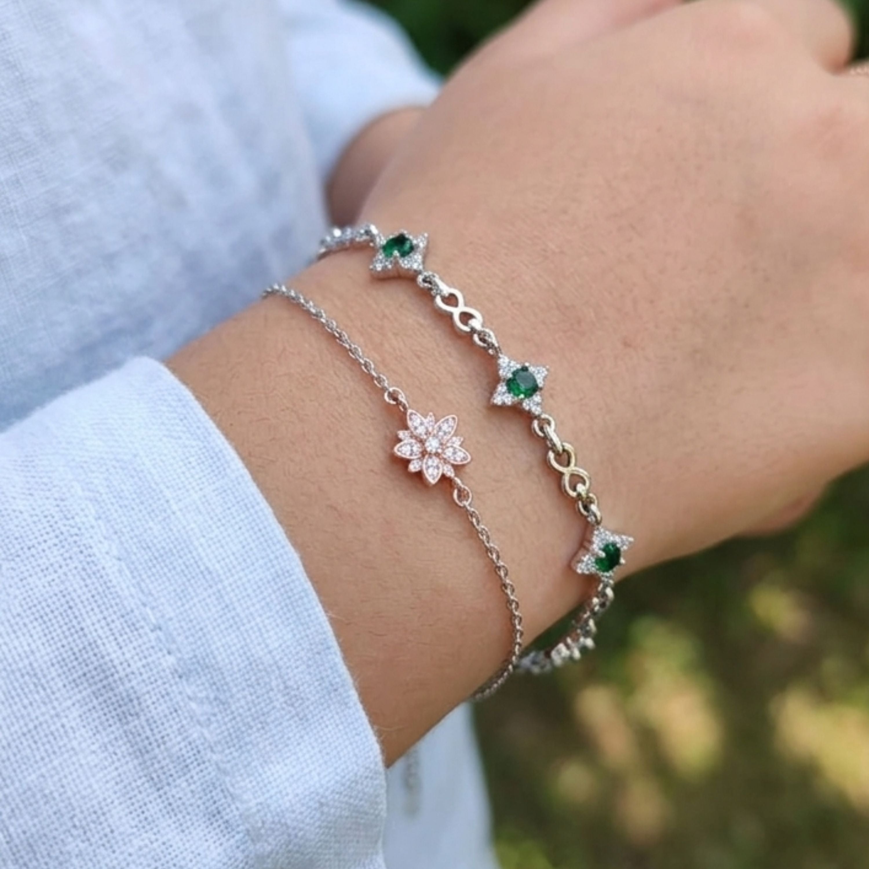 Emerald Bloom Silver Bracelet Duo