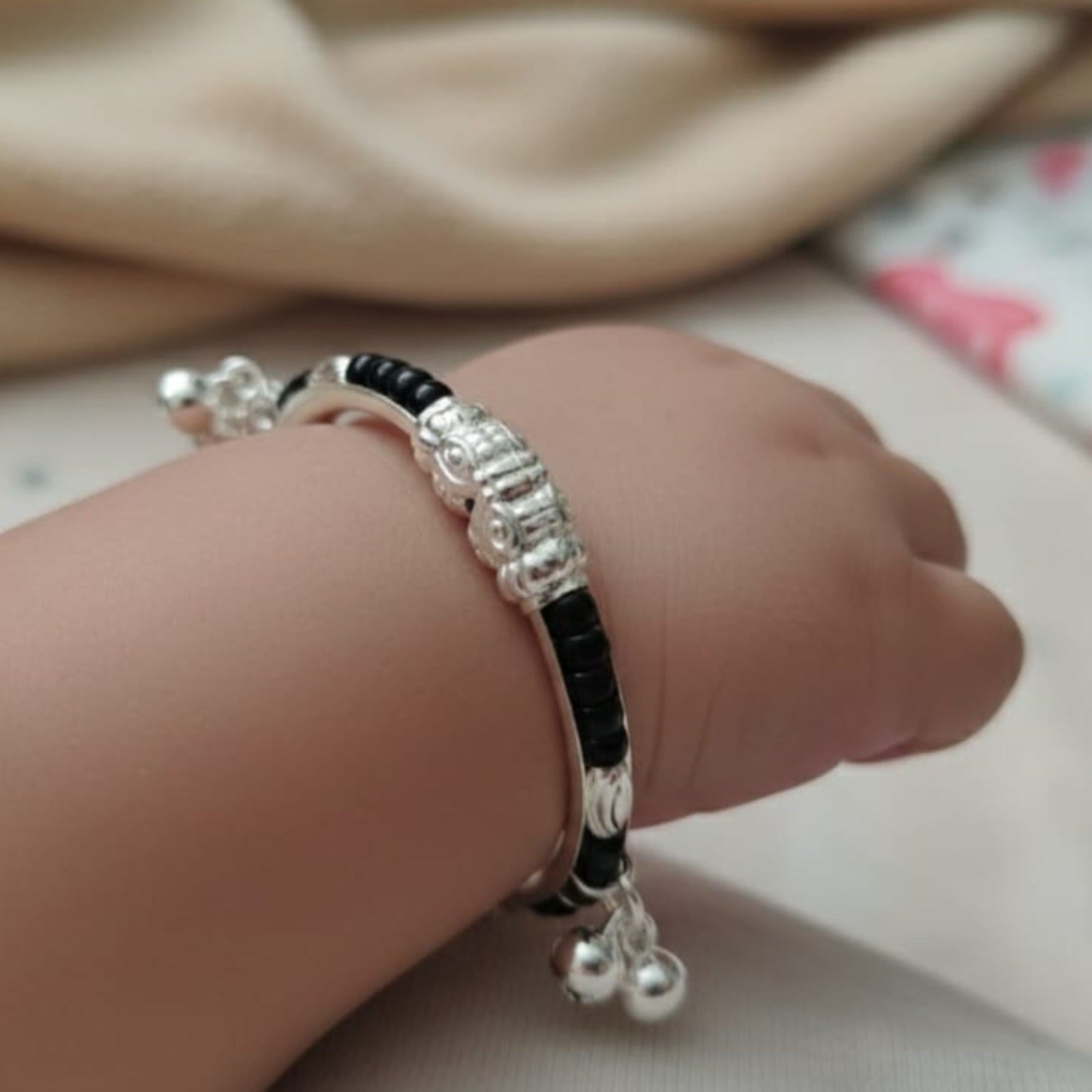Baby Black Beads Silver Kada