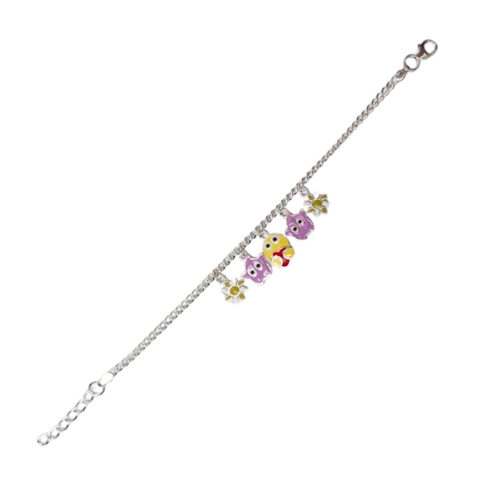 Cute Owl & Smiley Charm Silver Bracelet