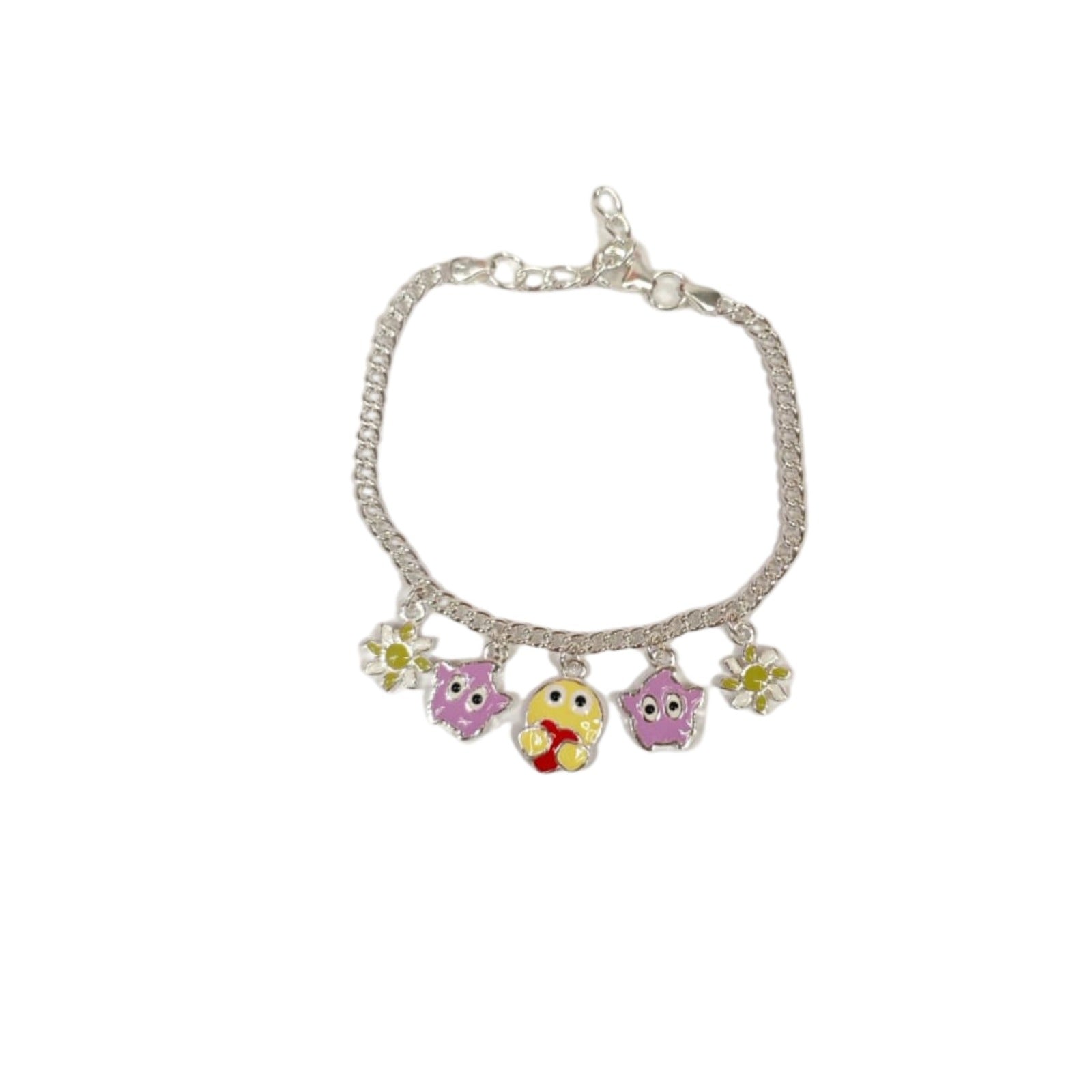 Cute Owl & Smiley Charm Silver Bracelet