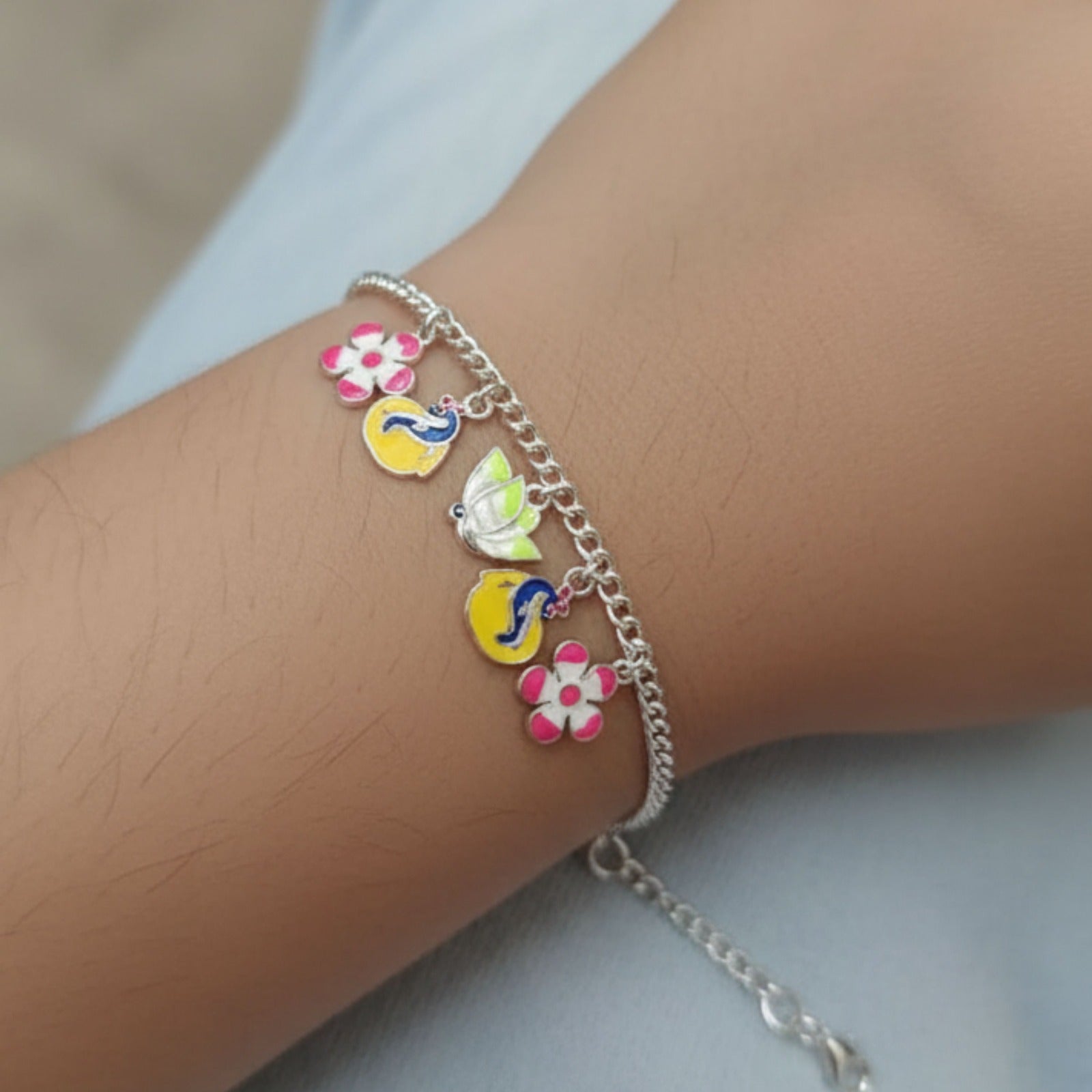 Colorful Flower & Bird Charm Silver Bracelet