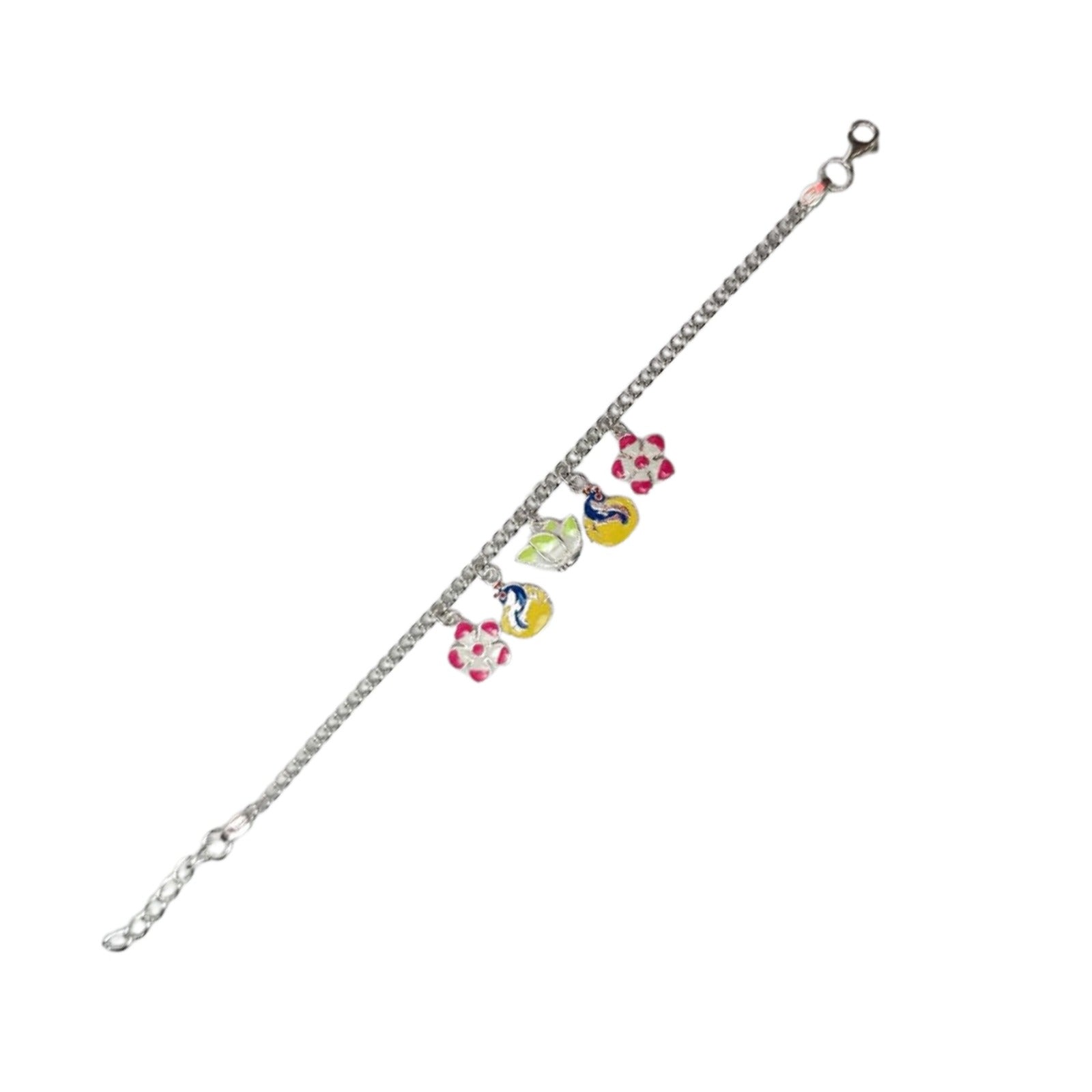 Colorful Flower & Bird Charm Silver Bracelet