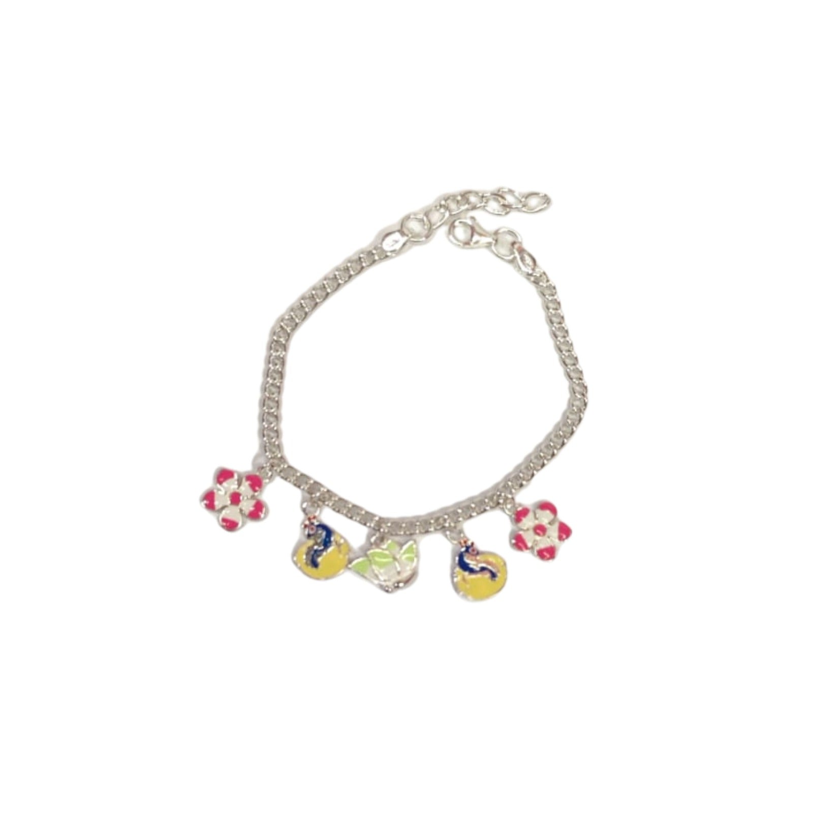 Colorful Flower & Bird Charm Silver Bracelet