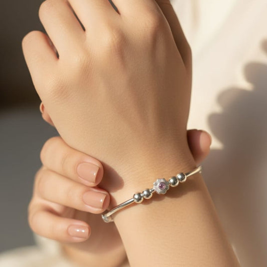 Silver Pink Stone Flower Bracelet