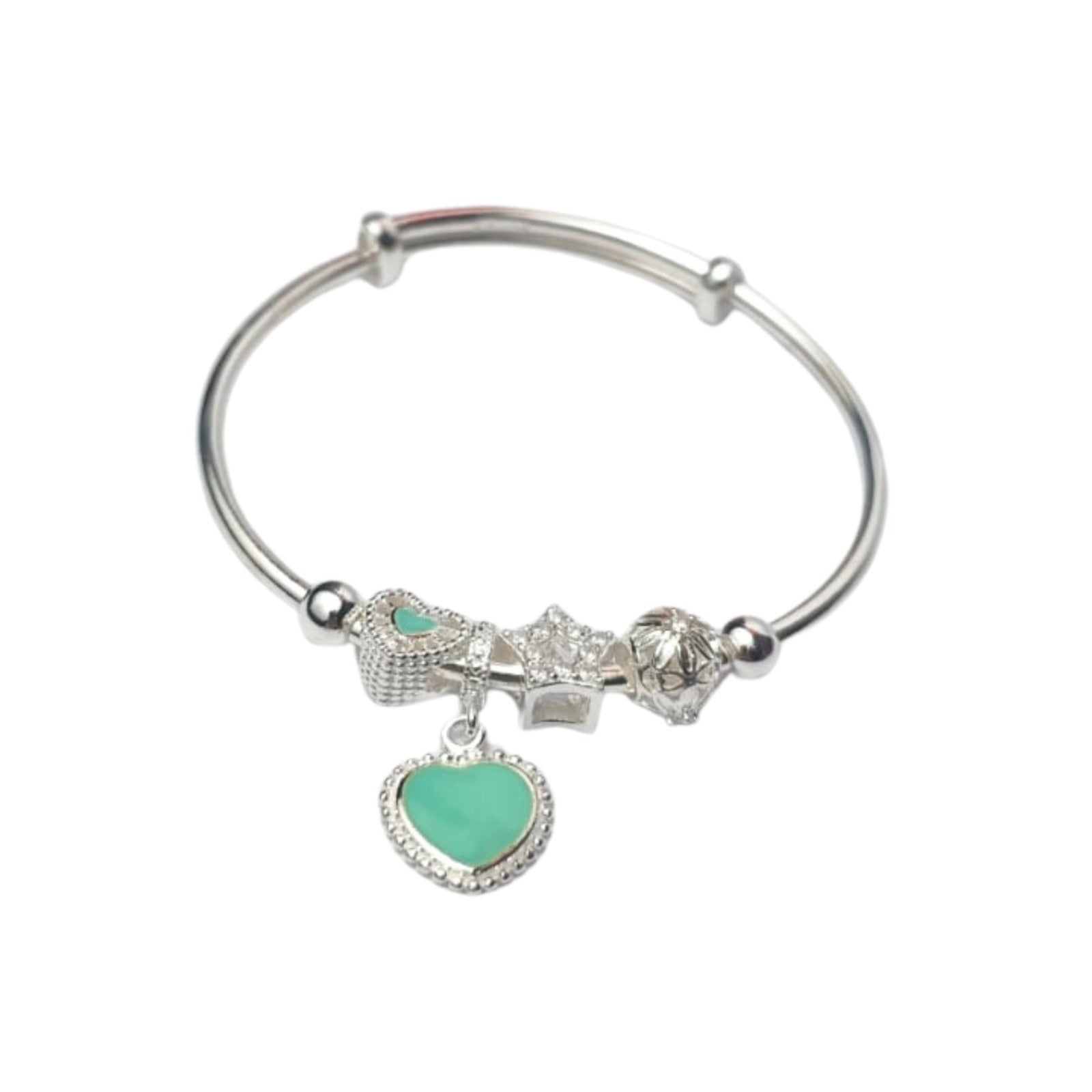 Silver Green Heart Charm Bracelet