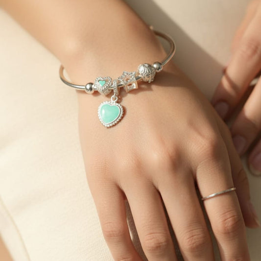 Silver Green Heart Charm Bracelet