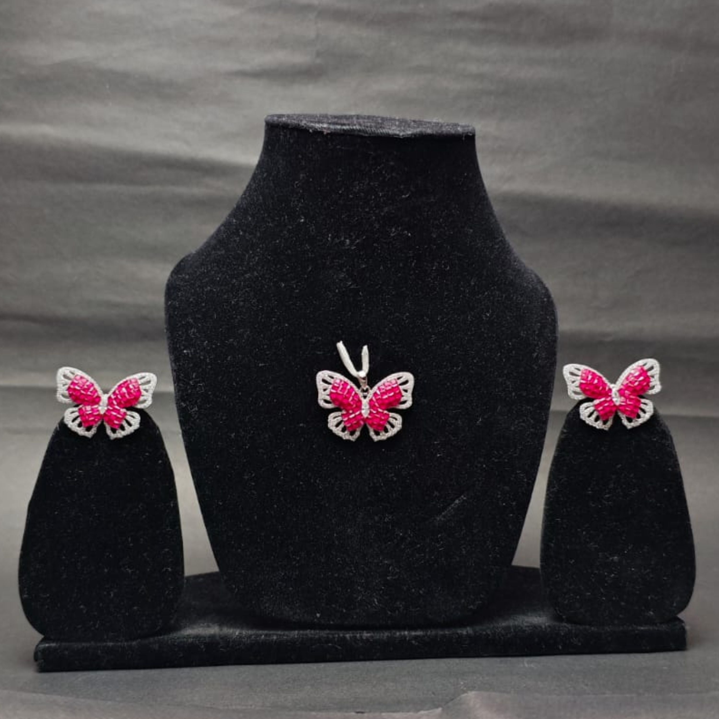Pink Flutter Silver Butterfly Pendant Set