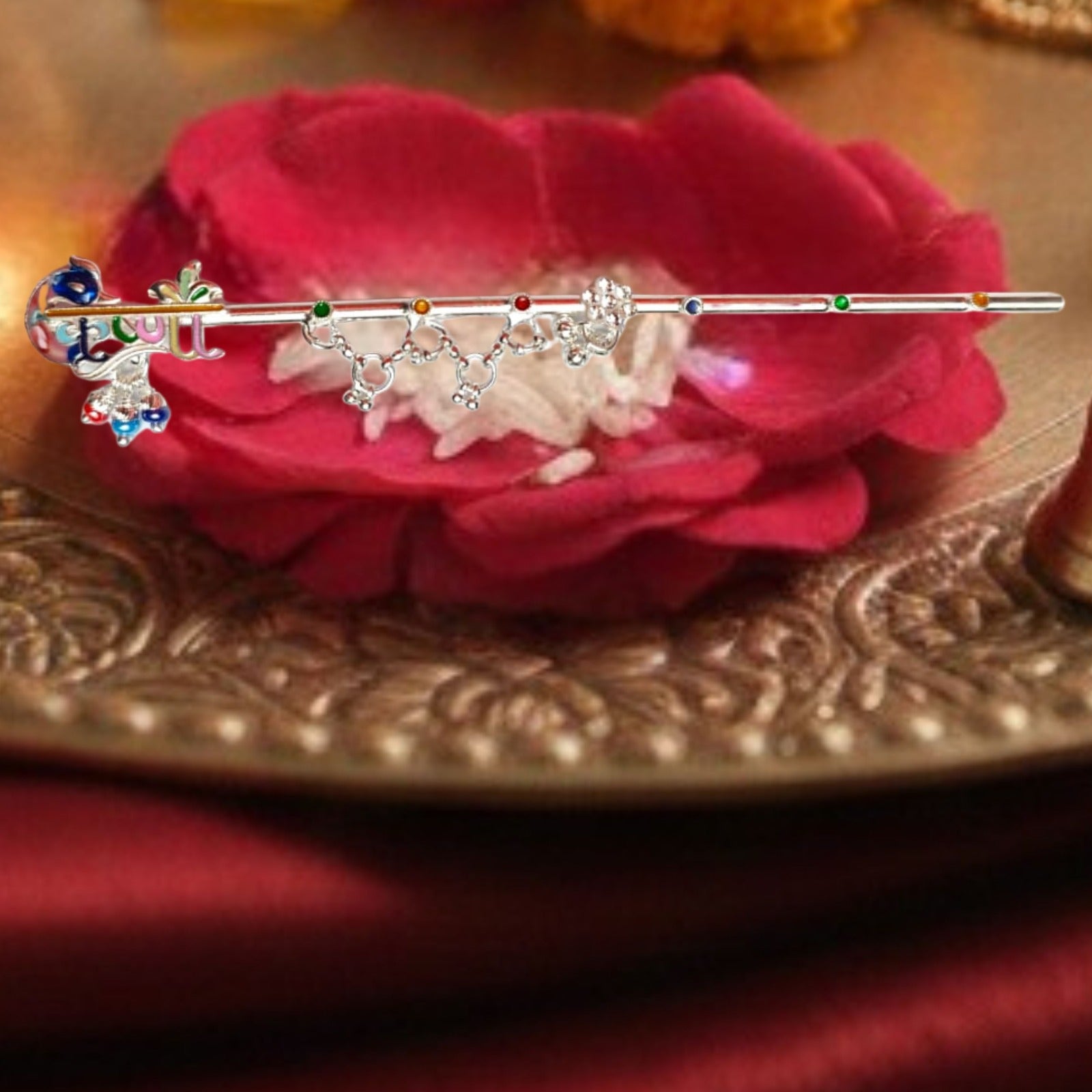 Multicolor Peacock Charm Silver Flute