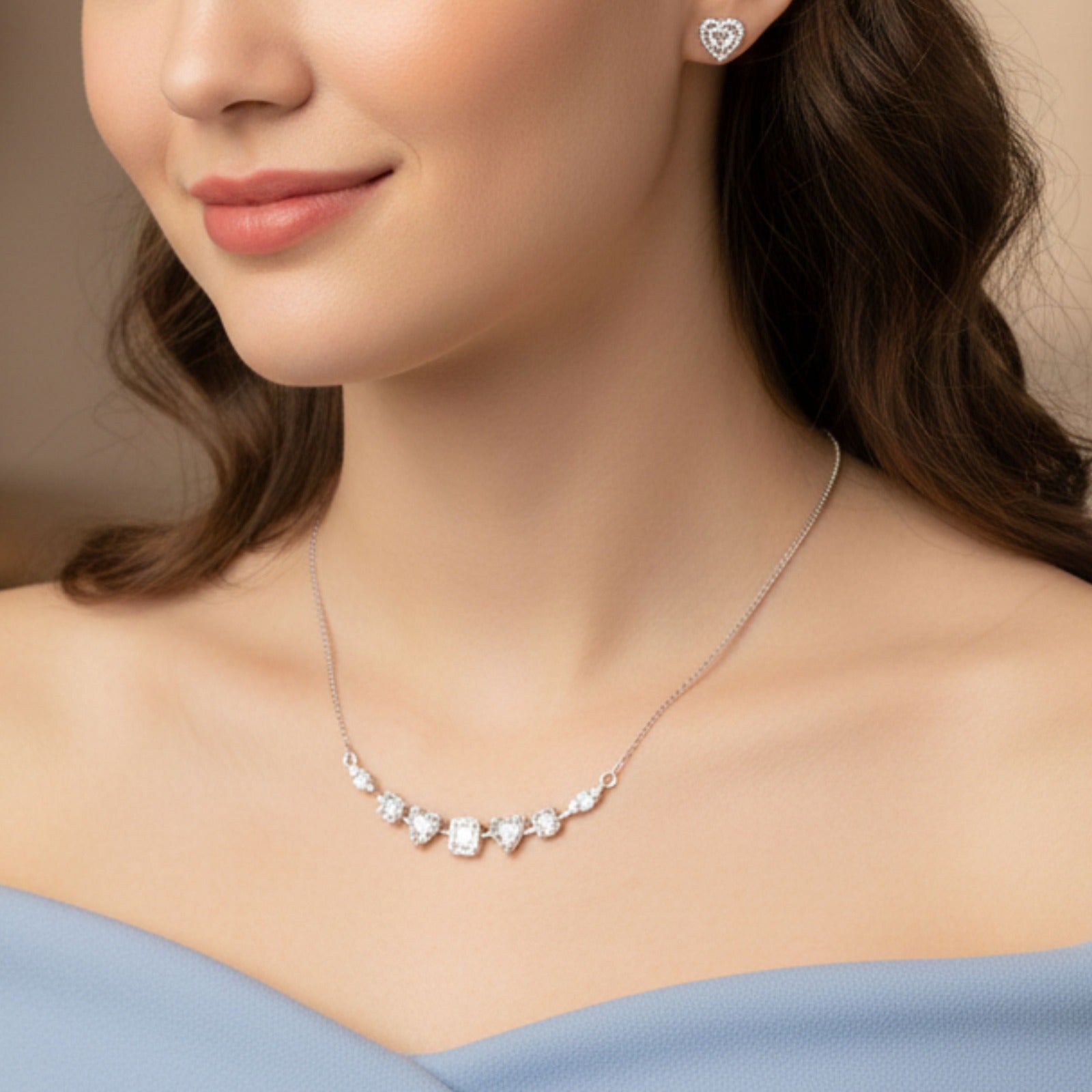 Sparkle Heart Line Necklace &amp; Stud Earrings Set