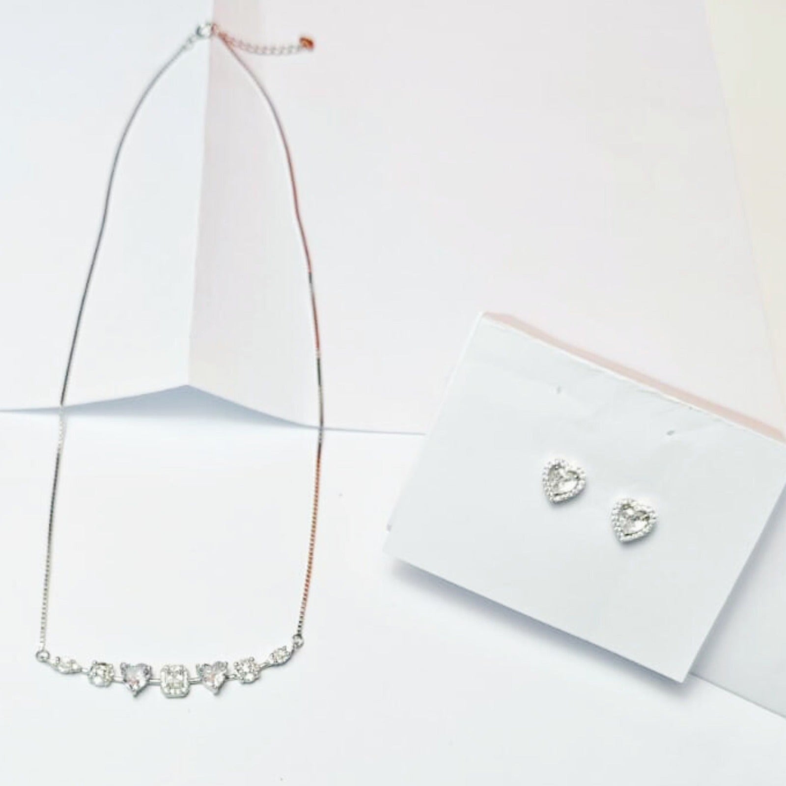 Sparkle Heart Line Necklace & Stud Earrings Set