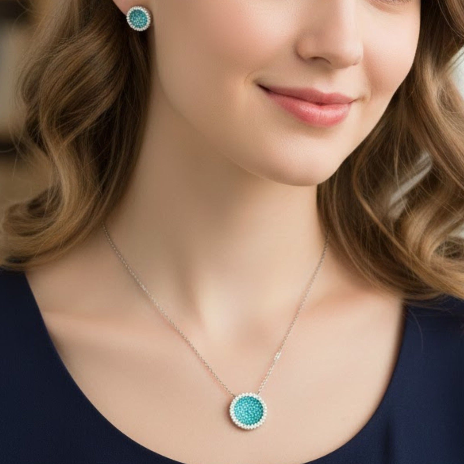 Aqua Crystal Disc Necklace & Studs Set