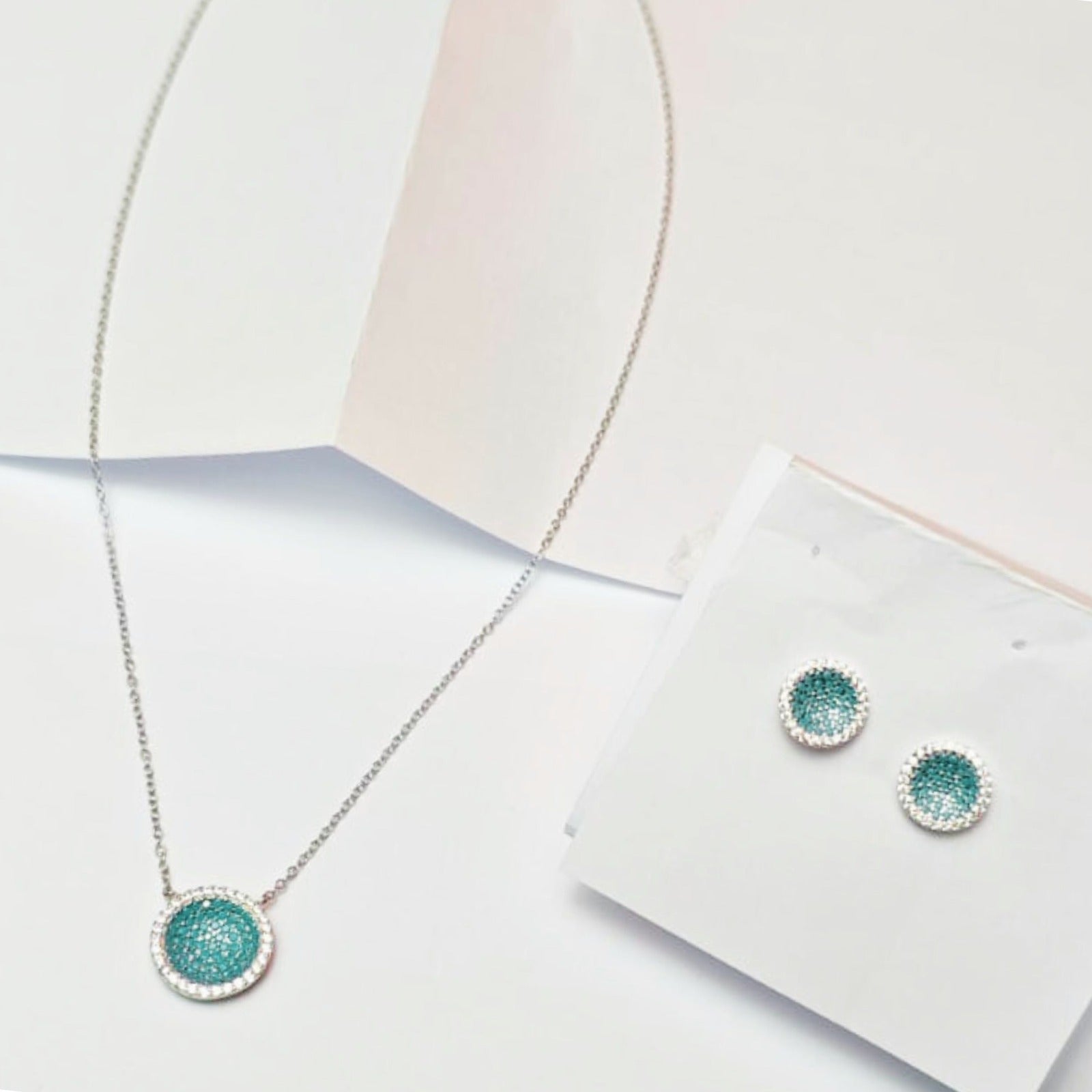 Aqua Crystal Disc Necklace & Studs Set