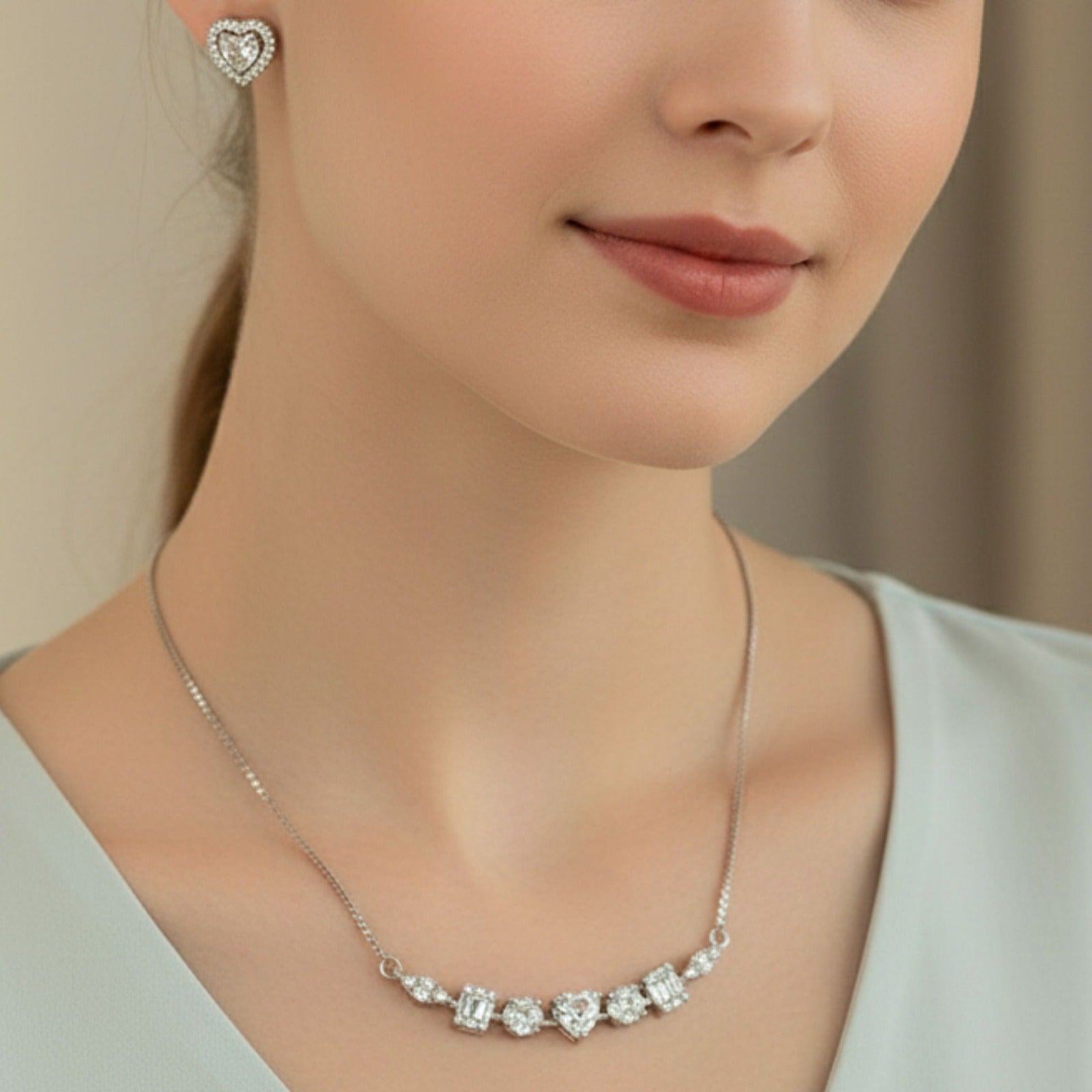 Crystal Charm Bar Necklace & Heart Studs Set