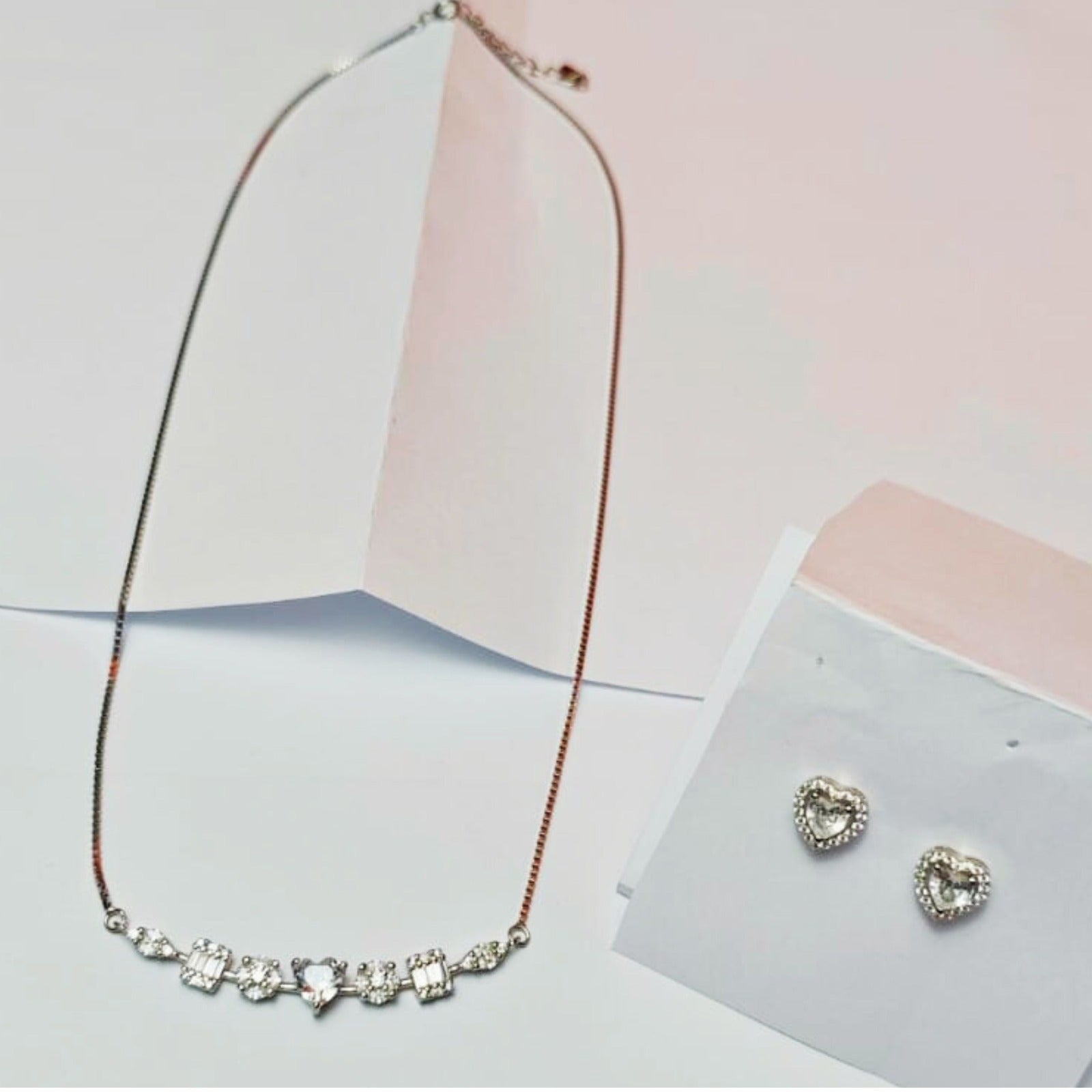 Crystal Charm Bar Necklace & Heart Studs Set