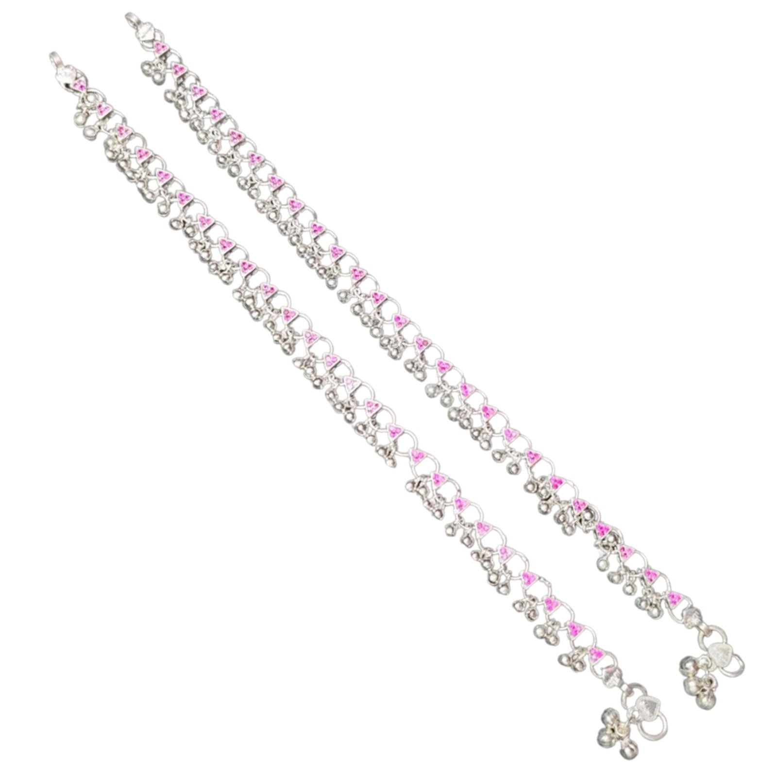 Silver Pink Heart Charm Payal (Pair)