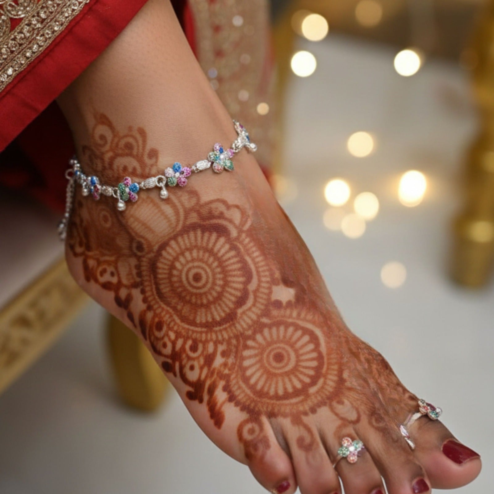 Silver Blossom Multicolor Payal (Pair)