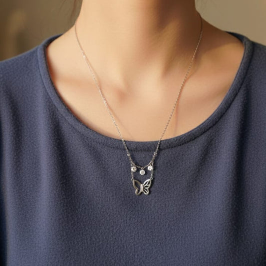Silver Butterfly Drop Necklace