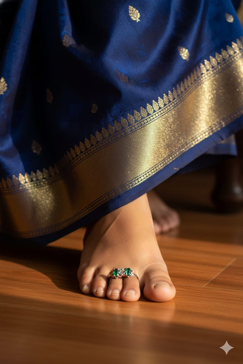 Silver Emerald Twin Leaf Toe Ring