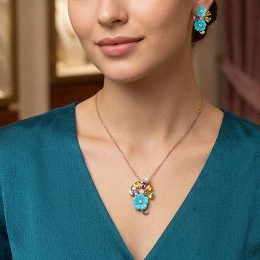 Aqua Blossom Silver Pendant & Stud Set