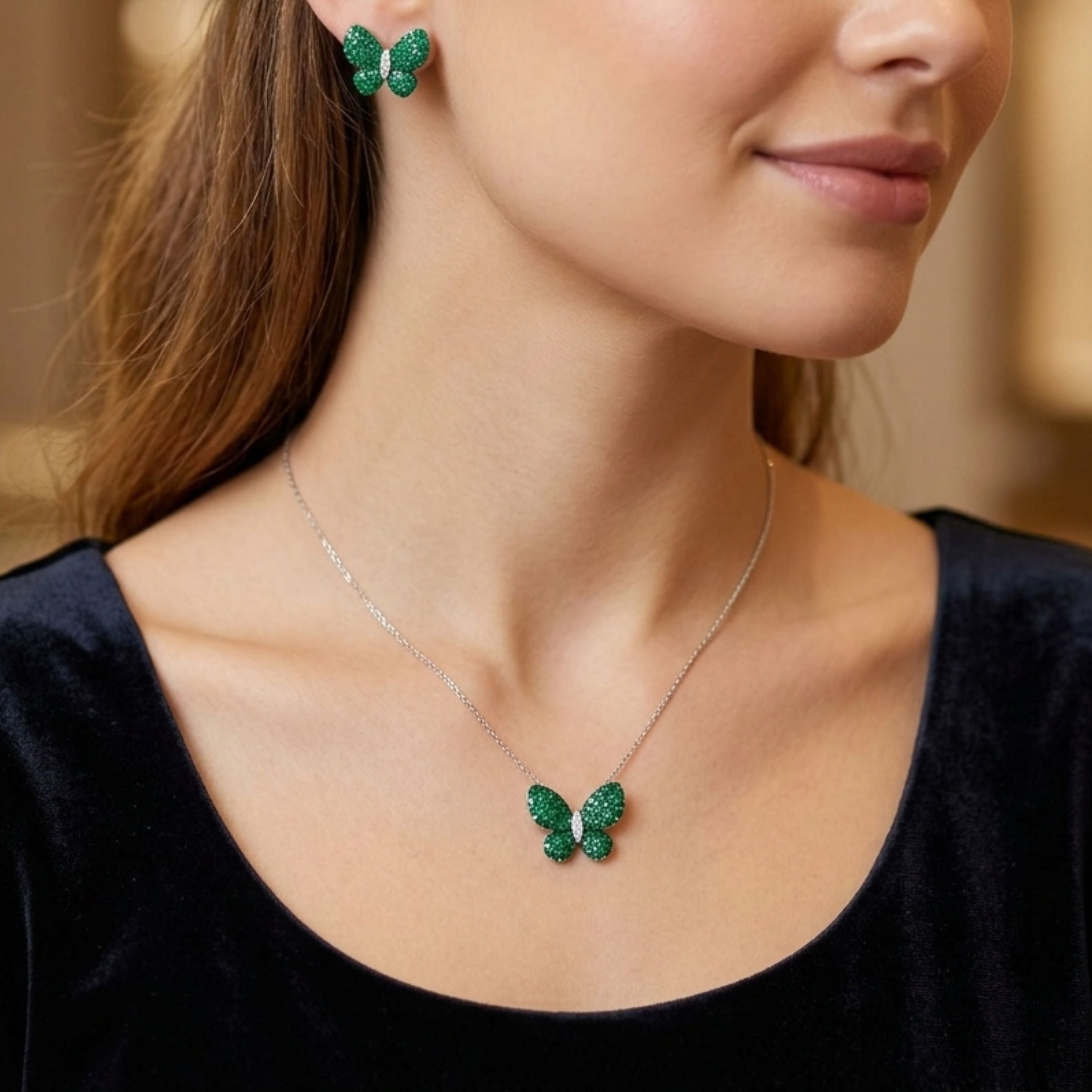 Emerald Flutter Butterfly Pendant Set