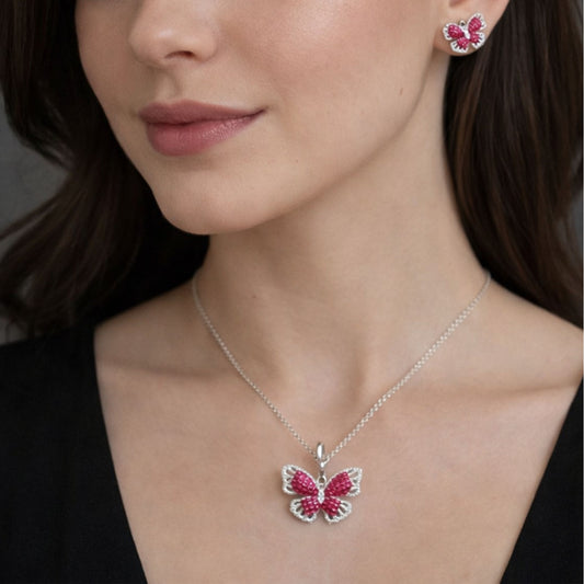 Pink Flutter Silver Butterfly Pendant Set
