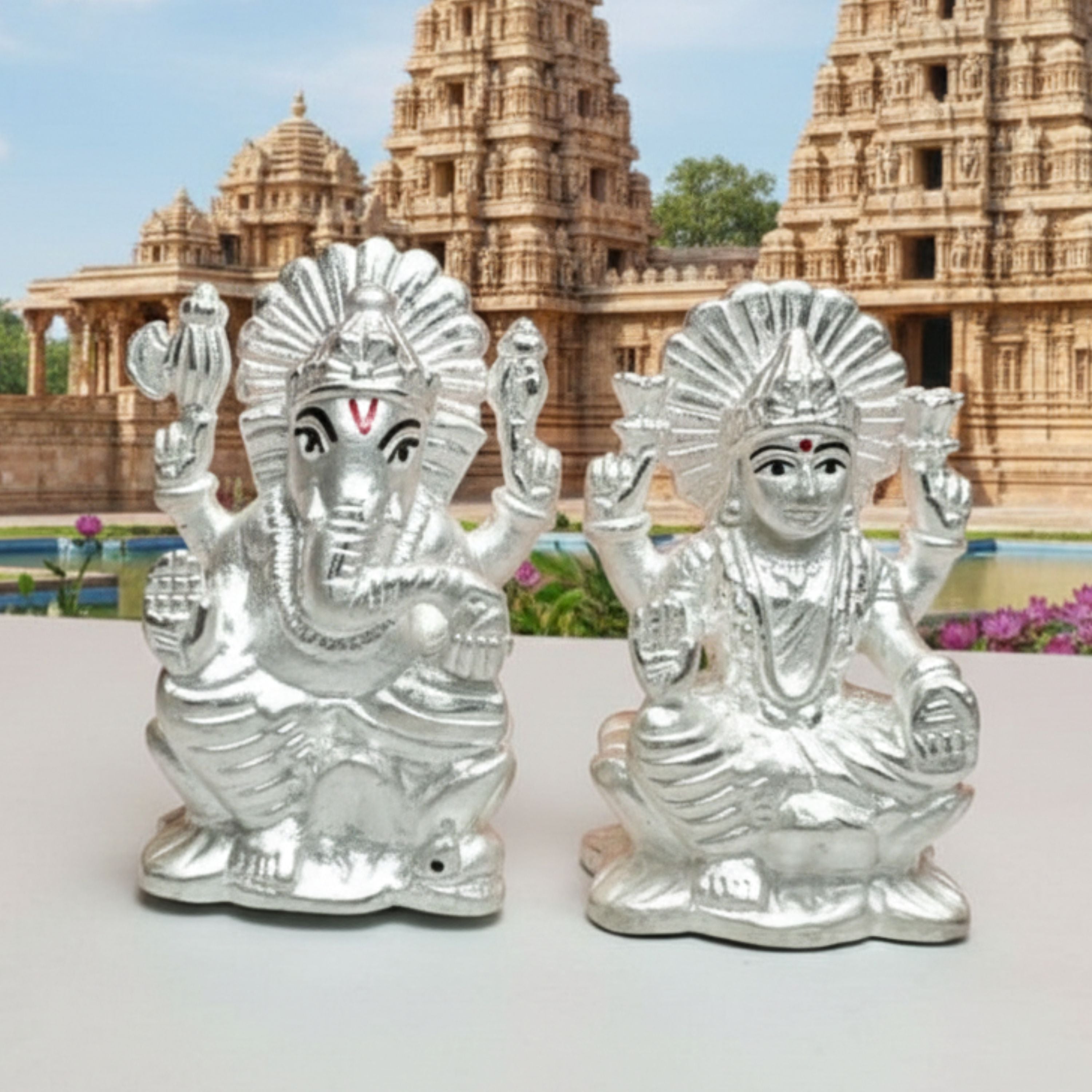 Divine Blessings Lakshmi Ganesh Silver Idol Set