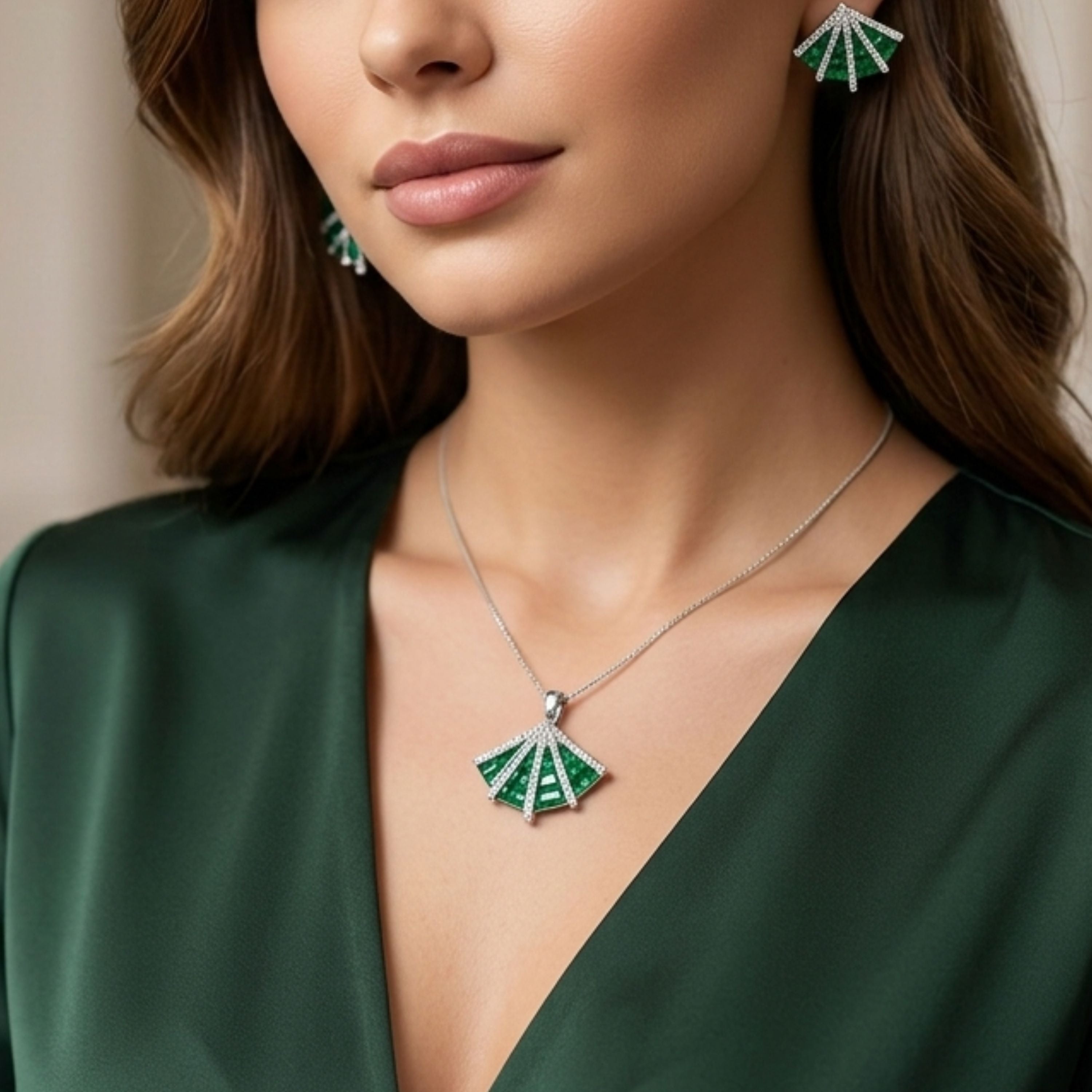 Emerald Fan Grace Pendant & Stud Set