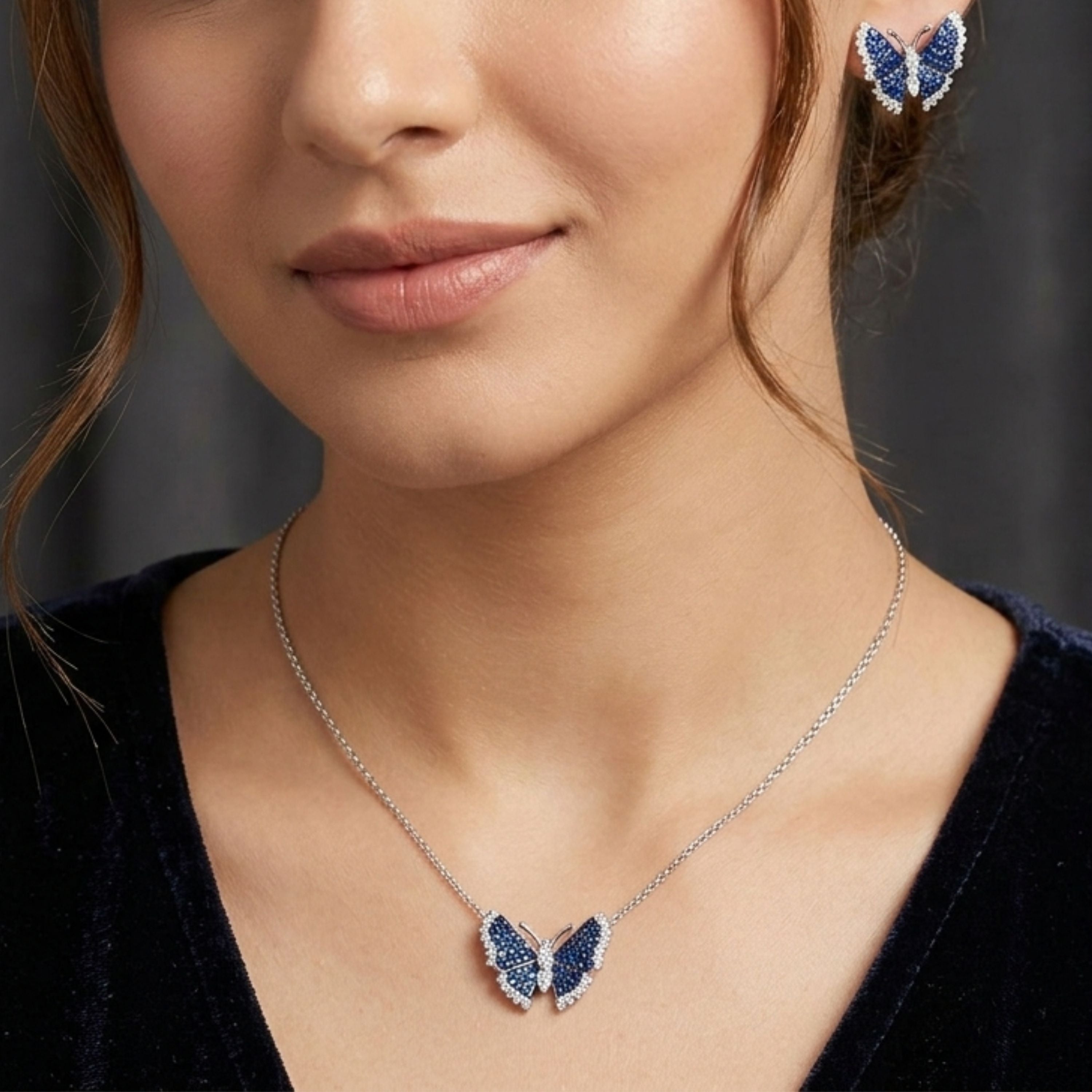 Blue Monarch Butterfly Silver Pendant Set