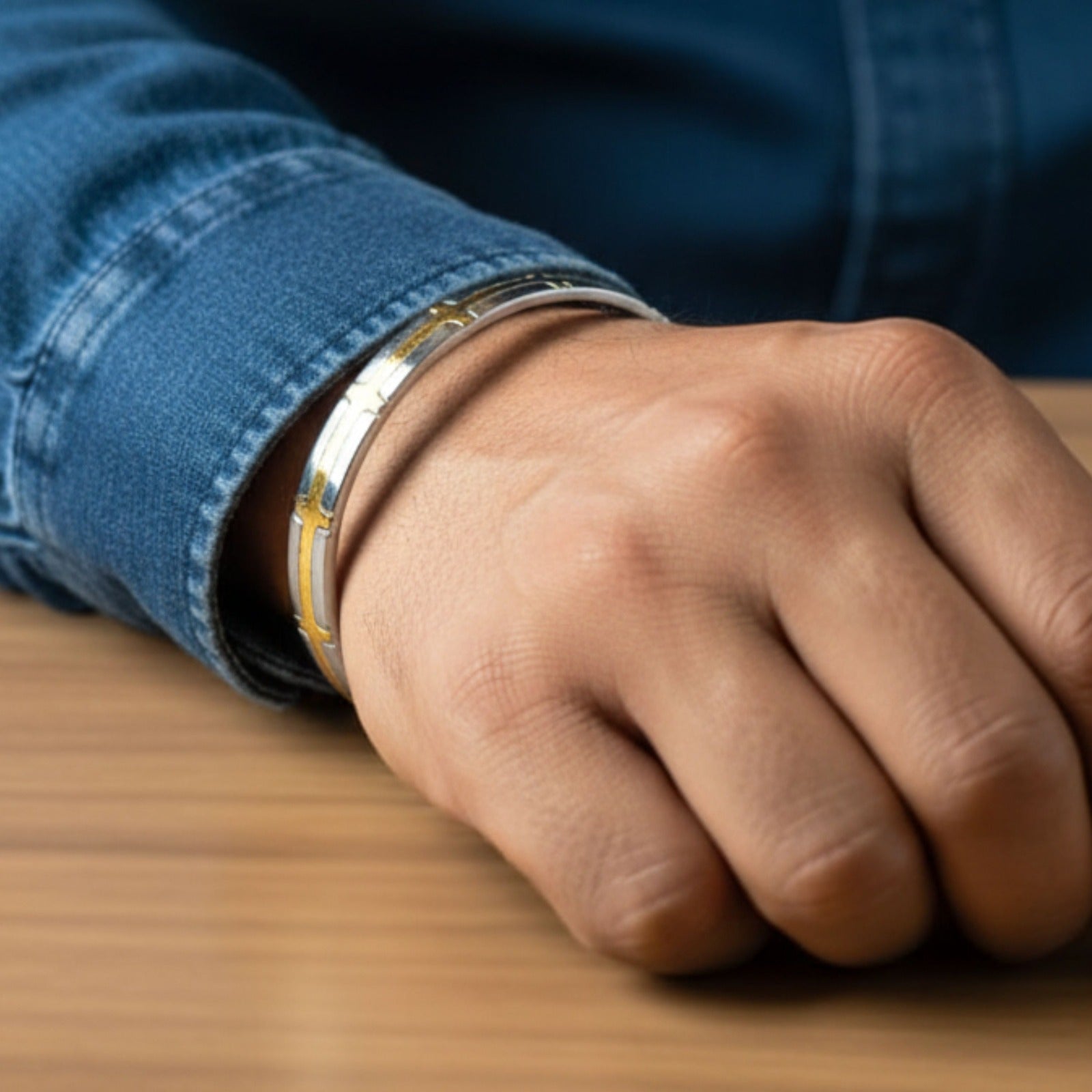 Silver Dual-Tone Modern Blocks Kada