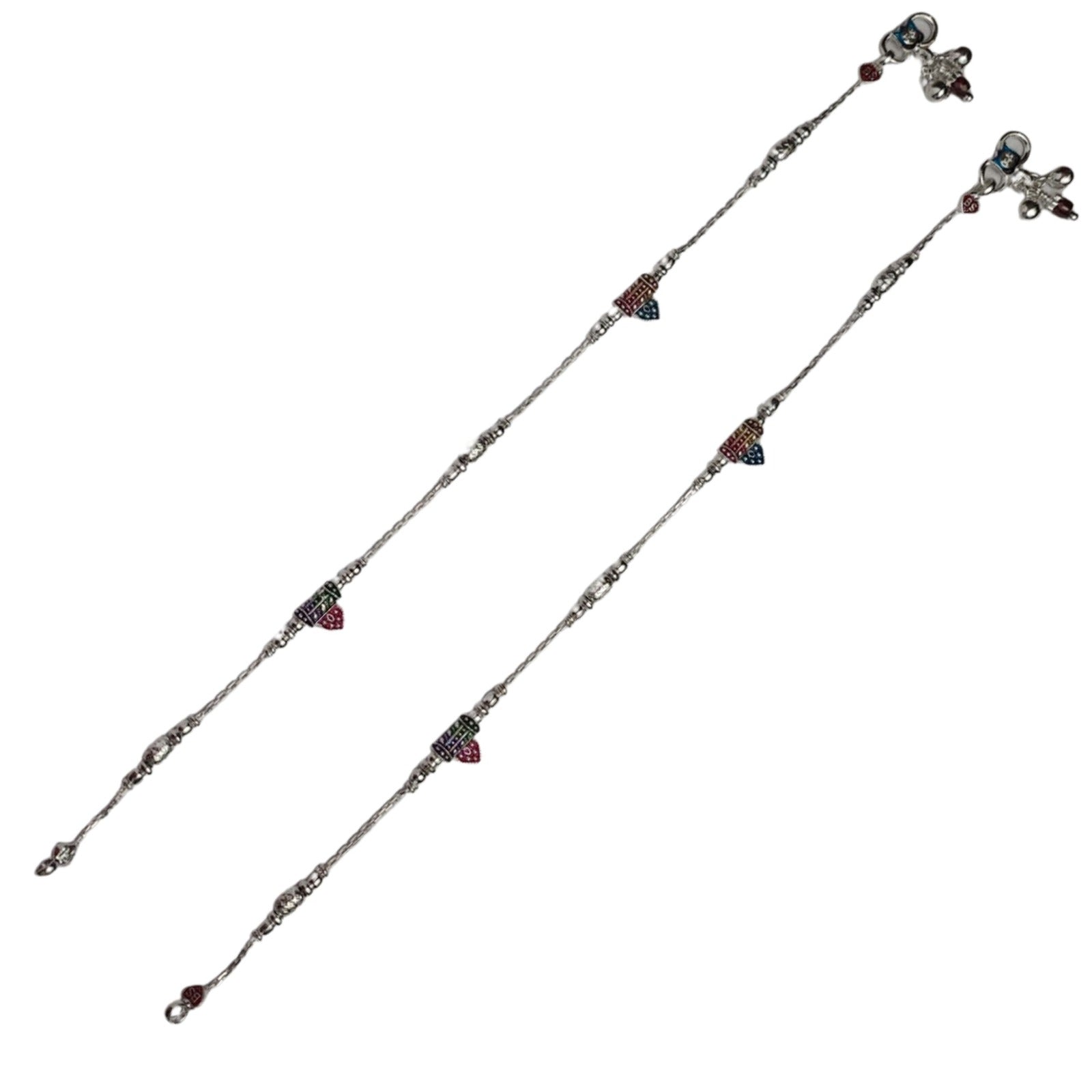 Heart Charm Silver Anklet Pair